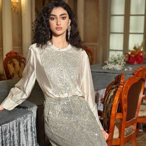 Rich Radi Q Sequin-Stitched French-Style Beige Shirt Size 2XL